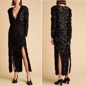 NEW Khaite Lana Sequin V Neck Long Sleeve Slit Gown Black Dress Size 2 NWT
